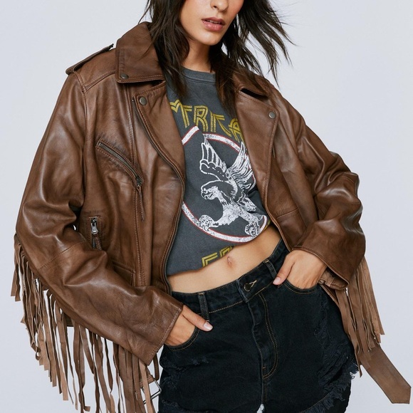 Leather belted fringe biker jacket - Picture 4 of 4